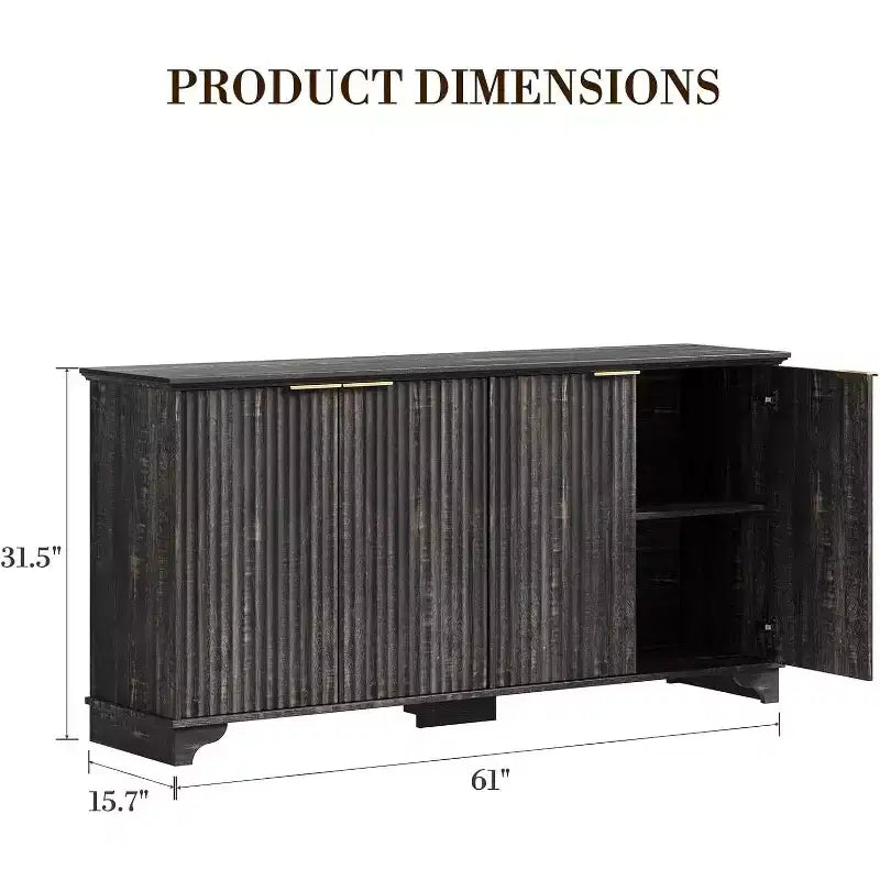 Buffet de rangement cannelé avec 4 portes décorées, meuble de bar à café en bois avec pieds en bois massif pour cuisine, salle à manger, couloir