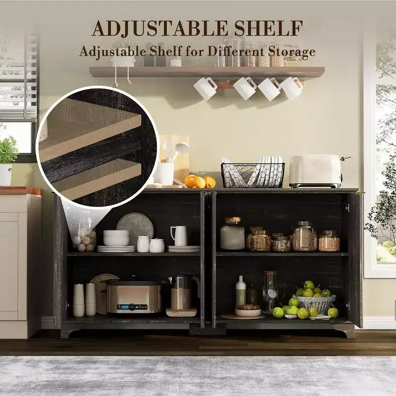 Buffet de rangement cannelé avec 4 portes décorées, meuble de bar à café en bois avec pieds en bois massif pour cuisine, salle à manger, couloir
