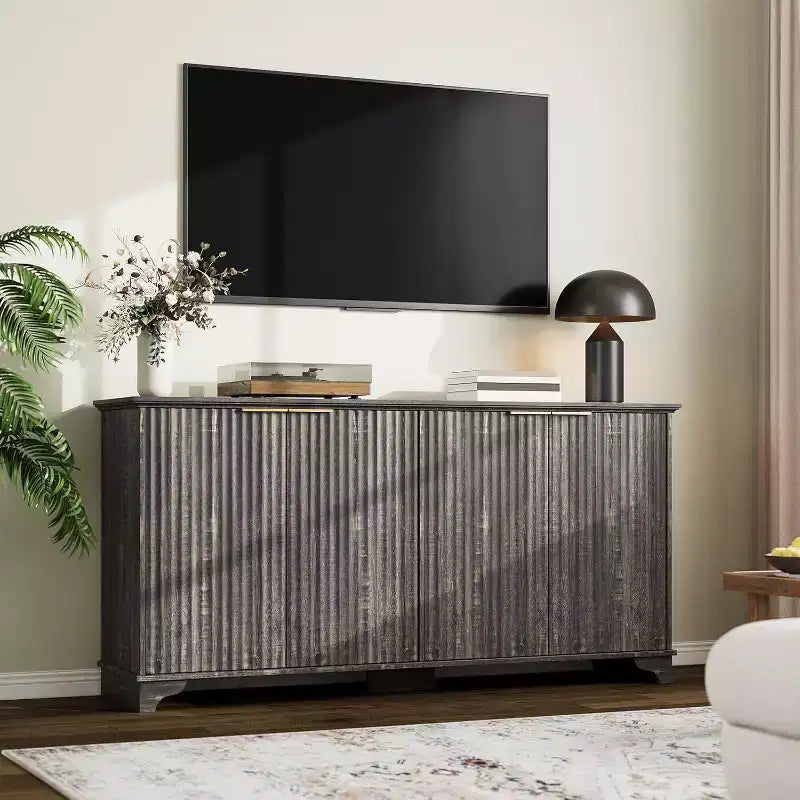 Buffet de rangement cannelé avec 4 portes décorées, meuble de bar à café en bois avec pieds en bois massif pour cuisine, salle à manger, couloir