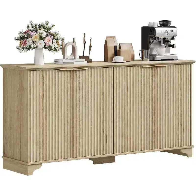 Buffet de rangement cannelé avec 4 portes décorées, meuble de bar à café en bois avec pieds en bois massif pour cuisine, salle à manger, couloir
