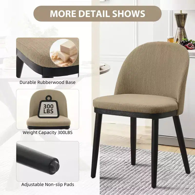 Chaise de salle à manger moderne - Dossier incurvé rembourré et pieds en bois d'hévéa, chaises d'appoint de cuisine modernes en tissu rembourré, chaise de salle à manger sans accoudoirs