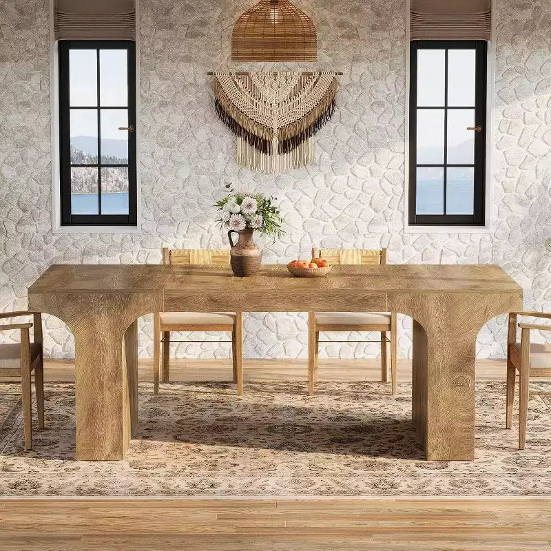 Grande table à manger Lantine de 71 pouces pour 6 à 8 personnes, table de cuisine en bois de style ferme avec design arqué et double piédestal pour dîner, banquet
