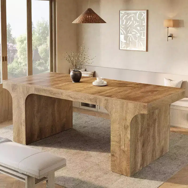 Grande table à manger Lantine de 71 pouces pour 6 à 8 personnes, table de cuisine en bois de style ferme avec design arqué et double piédestal pour dîner, banquet