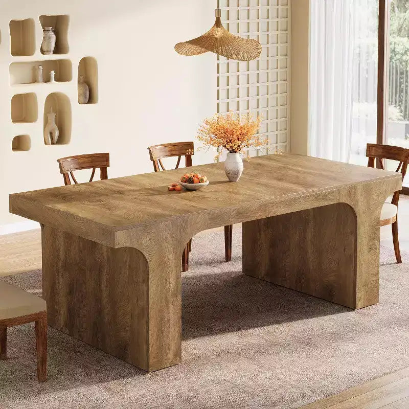 Grande table à manger Lantine de 71 pouces pour 6 à 8 personnes, table de cuisine en bois de style ferme avec design arqué et double piédestal pour dîner, banquet