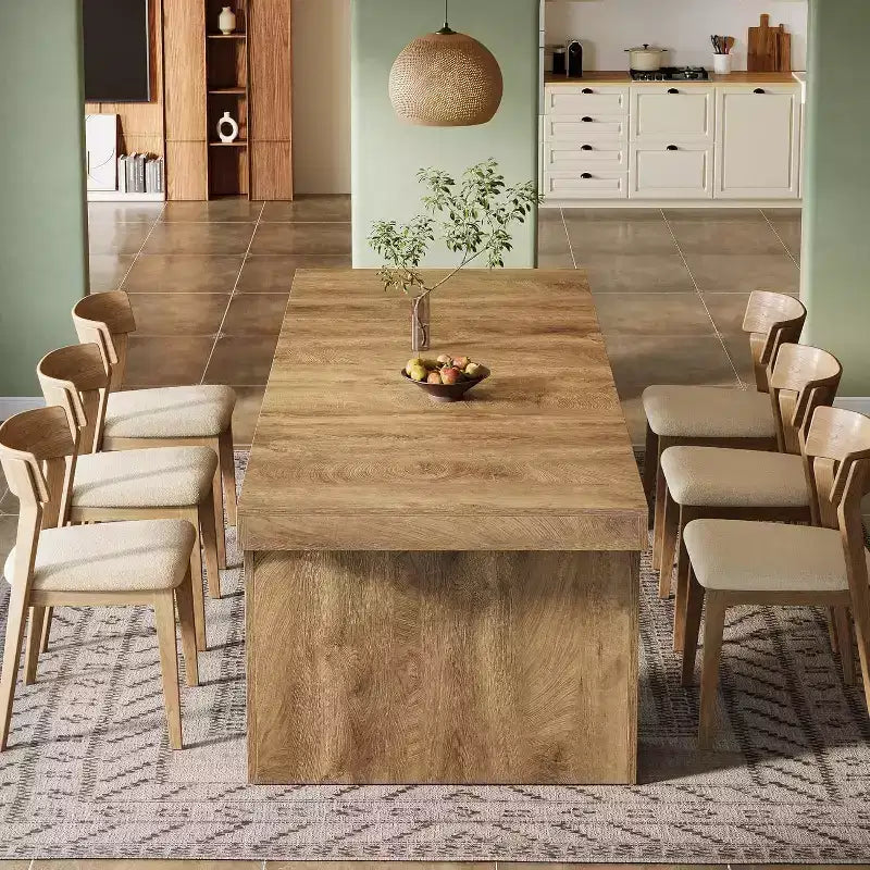 Grande table à manger Lantine de 71 pouces pour 6 à 8 personnes, table de cuisine en bois de style ferme avec design arqué et double piédestal pour dîner, banquet