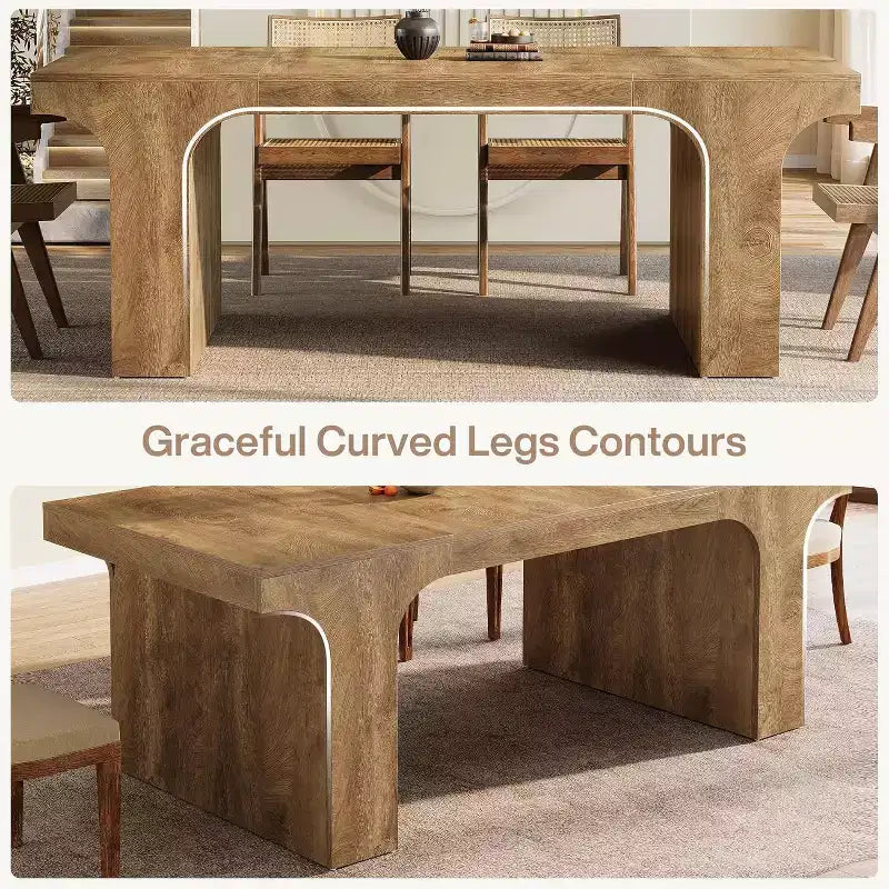 Grande table à manger Lantine de 71 pouces pour 6 à 8 personnes, table de cuisine en bois de style ferme avec design arqué et double piédestal pour dîner, banquet