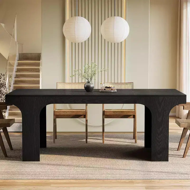 Grande table à manger Lantine de 71 pouces pour 6 à 8 personnes, table de cuisine en bois de style ferme avec design arqué et double piédestal pour dîner, banquet