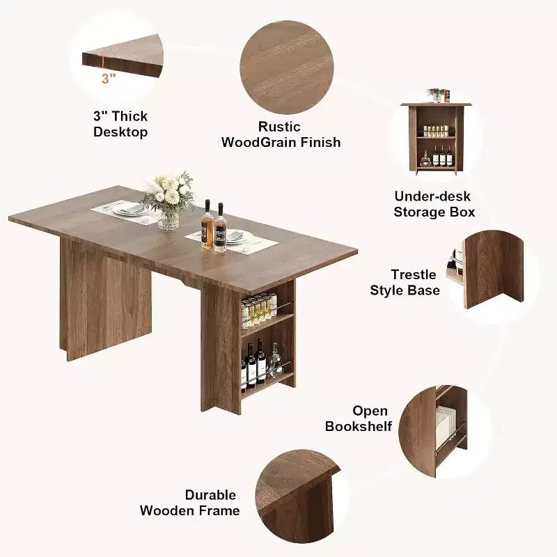Table de salle à manger de ferme de 160 cm avec 4 étagères de rangement, table de cuisine rectangulaire en bois rustique, 2-4 places, montage facile pour salle à manger, salon
