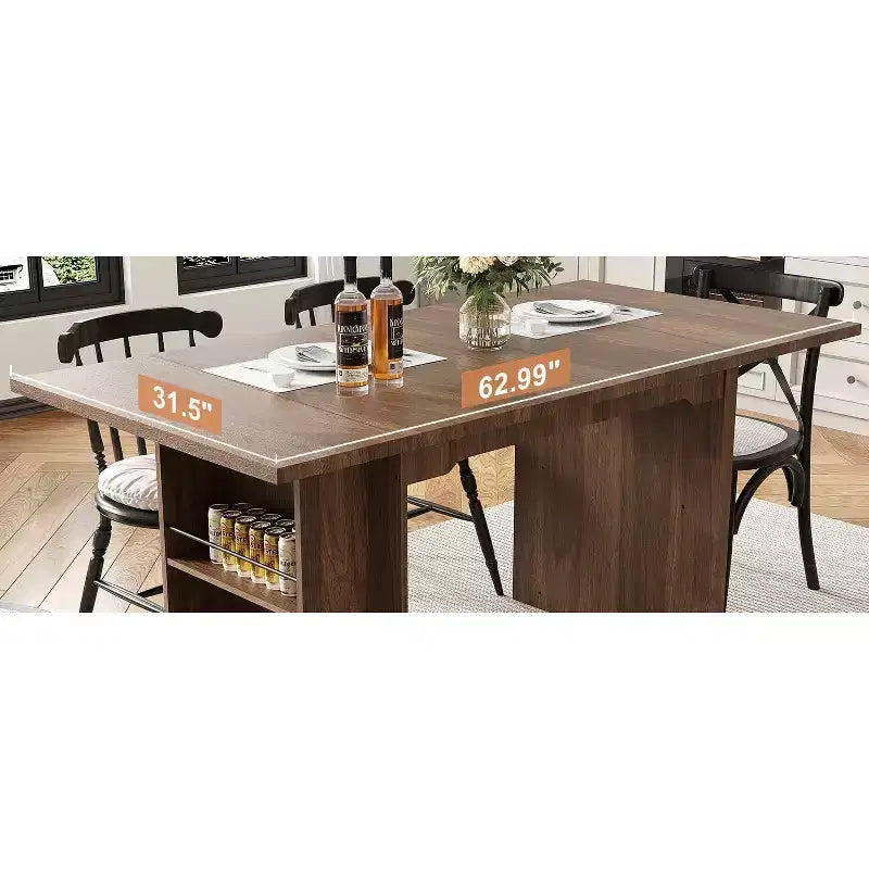 Table de salle à manger de ferme de 160 cm avec 4 étagères de rangement, table de cuisine rectangulaire en bois rustique, 2-4 places, montage facile pour salle à manger, salon