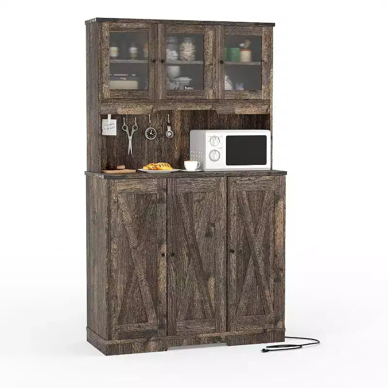 Armoire de cuisine haute de 180 cm avec station de charge, vaisselier de cuisine de style ferme avec support à micro-ondes, pour salon et salle à manger