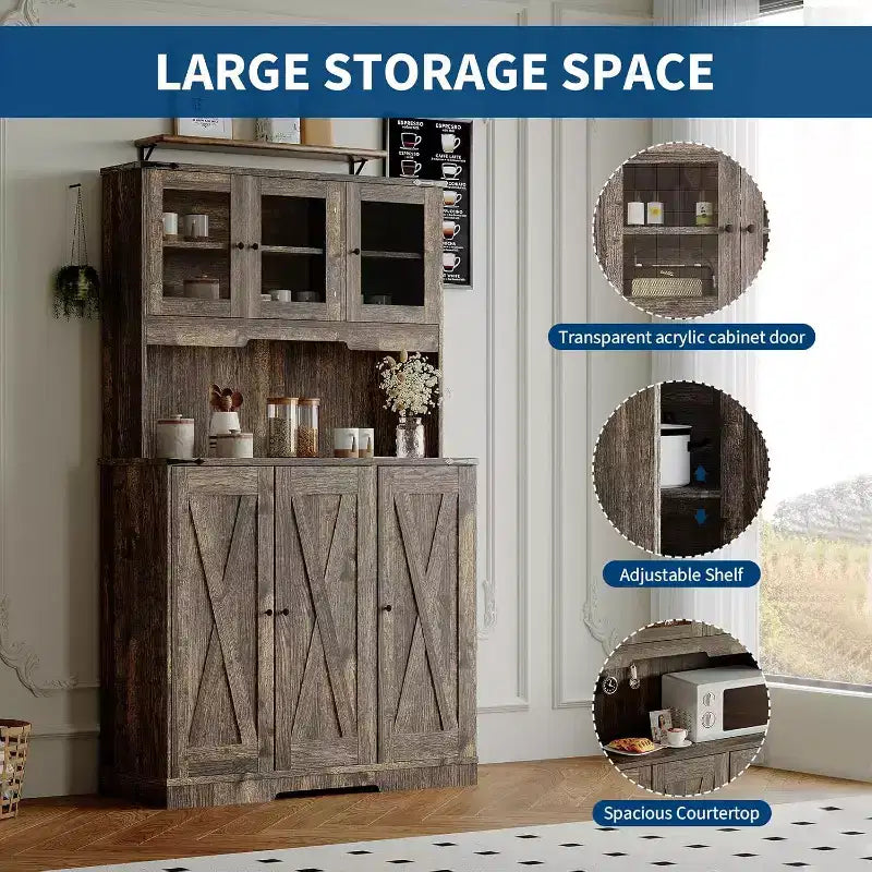 Armoire de cuisine haute de 180 cm avec station de charge, vaisselier de cuisine de style ferme avec support à micro-ondes, pour salon et salle à manger