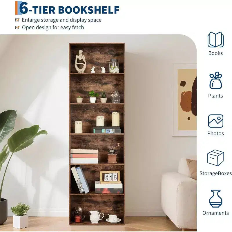 Étagère bibliothèque industrielle à 6 niveaux, étagère de rangement haute pour bureau à domicile, bibliothèque moderne de 180 cm pour salon, chambre à coucher, montage facile