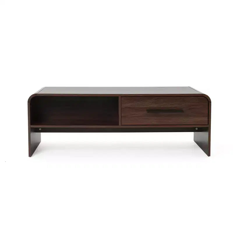 LuxenHome 47'' Coffee Table with Storage, Walnut Finish Wood 2-Drawer Open Storage Center Table with Rounded Corners for Living Room Brown