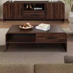 Table basse LuxenHome 47'' avec rangement, finition noyer, table centrale en bois à 2 tiroirs et rangement ouvert avec coins arrondis pour salon marron