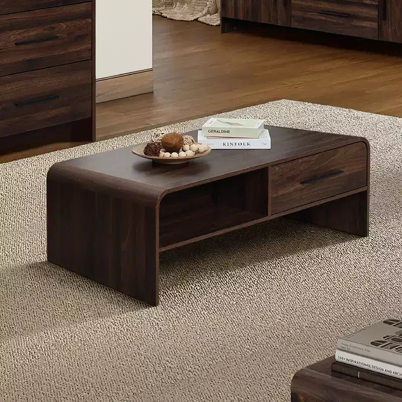 Table basse LuxenHome 47'' avec rangement, finition noyer, table centrale en bois à 2 tiroirs et rangement ouvert avec coins arrondis pour salon marron