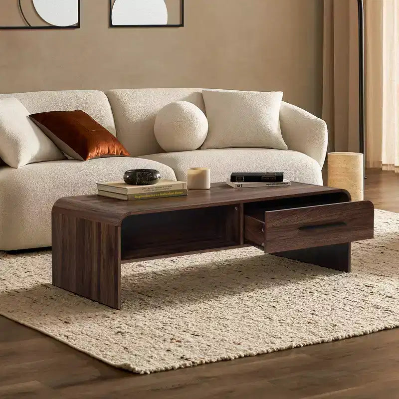 Table basse LuxenHome 47'' avec rangement, finition noyer, table centrale en bois à 2 tiroirs et rangement ouvert avec coins arrondis pour salon marron