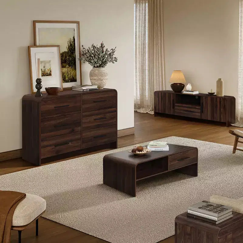 Table basse LuxenHome 47'' avec rangement, finition noyer, table centrale en bois à 2 tiroirs et rangement ouvert avec coins arrondis pour salon marron
