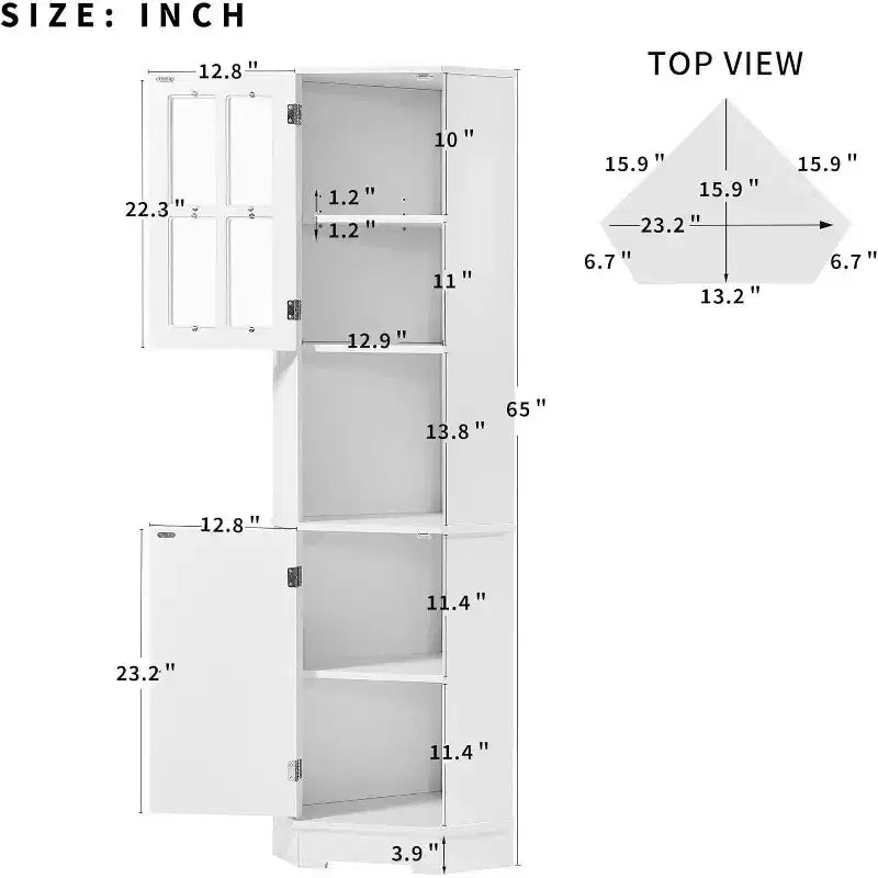 Meuble d'angle de salle de bain en MDF avec portes en verre, rangements ouverts et fermés, étagères réglables, dispositif anti-basculement, angle droit peu encombrant, blanc