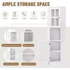 Meuble d'angle de salle de bain en MDF avec portes en verre, rangements ouverts et fermés, étagères réglables, dispositif anti-basculement, angle droit peu encombrant, blanc