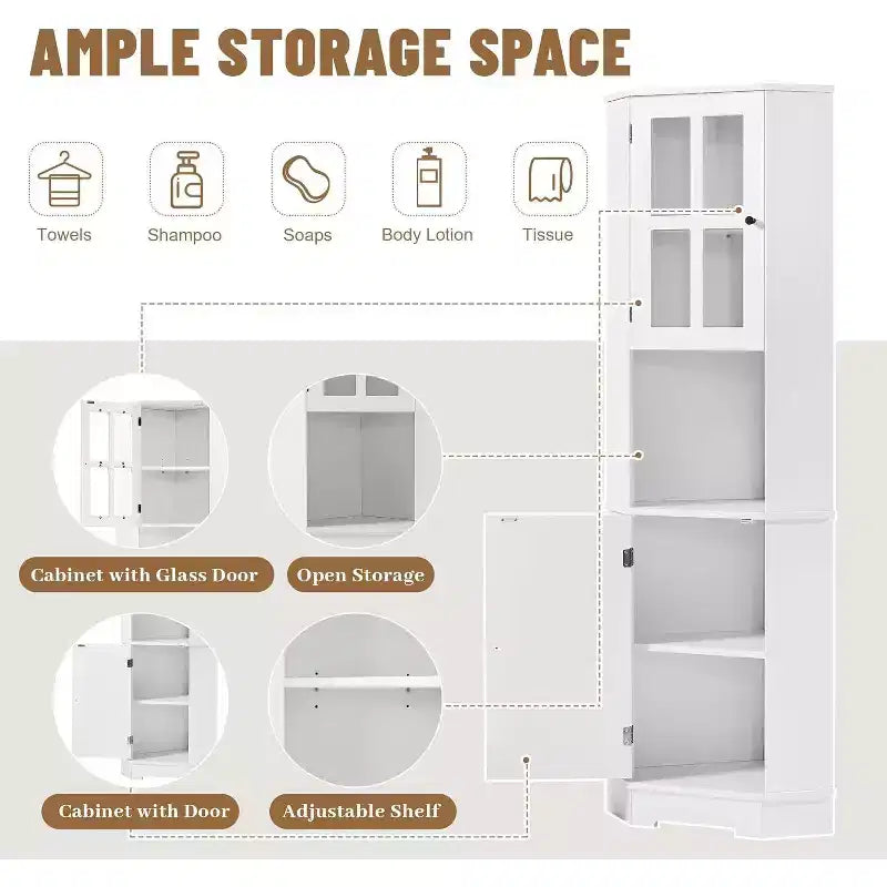 Meuble d'angle de salle de bain en MDF avec portes en verre, rangements ouverts et fermés, étagères réglables, dispositif anti-basculement, angle droit peu encombrant, blanc