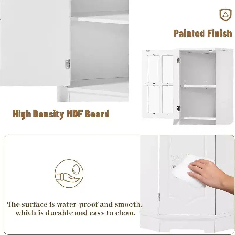 Meuble d'angle de salle de bain en MDF avec portes en verre, rangements ouverts et fermés, étagères réglables, dispositif anti-basculement, angle droit peu encombrant, blanc