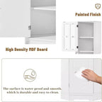 Meuble d'angle de salle de bain en MDF avec portes en verre, rangements ouverts et fermés, étagères réglables, dispositif anti-basculement, angle droit peu encombrant, blanc