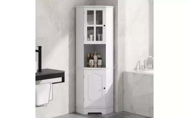 Meuble d'angle de salle de bain en MDF avec portes en verre, rangements ouverts et fermés, étagères réglables, dispositif anti-basculement, angle droit peu encombrant, blanc