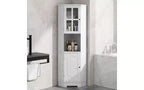 Meuble d'angle de salle de bain en MDF avec portes en verre, rangements ouverts et fermés, étagères réglables, dispositif anti-basculement, angle droit peu encombrant, blanc