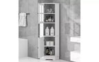 Meuble d'angle de salle de bain en MDF avec portes en verre, rangements ouverts et fermés, étagères réglables, dispositif anti-basculement, angle droit peu encombrant, blanc