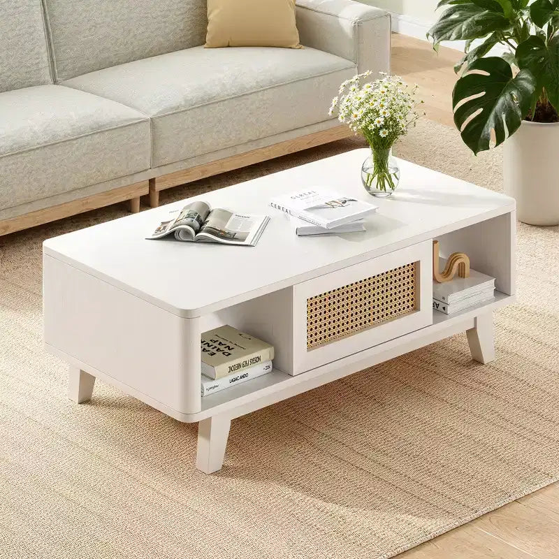 Table basse carrée moderne blanche en bois MAYEERTY de 44 pouces avec tiroir en rotin pour salon