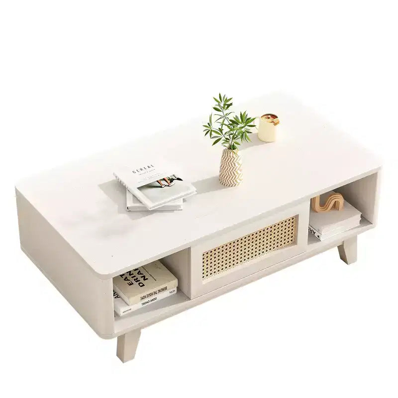 Table basse carrée moderne blanche en bois MAYEERTY de 44 pouces avec tiroir en rotin pour salon