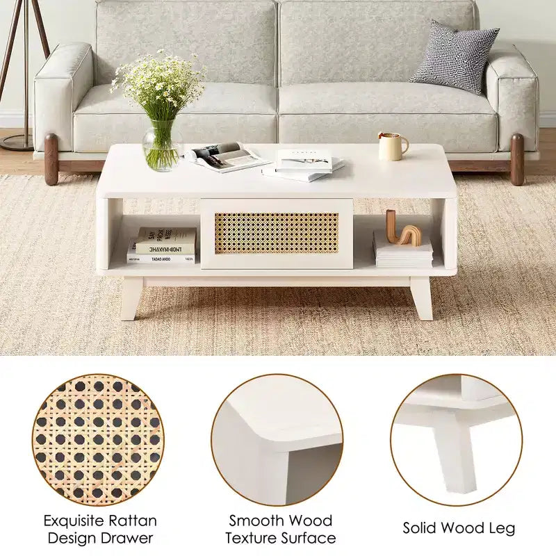 Table basse carrée moderne blanche en bois MAYEERTY de 44 pouces avec tiroir en rotin pour salon