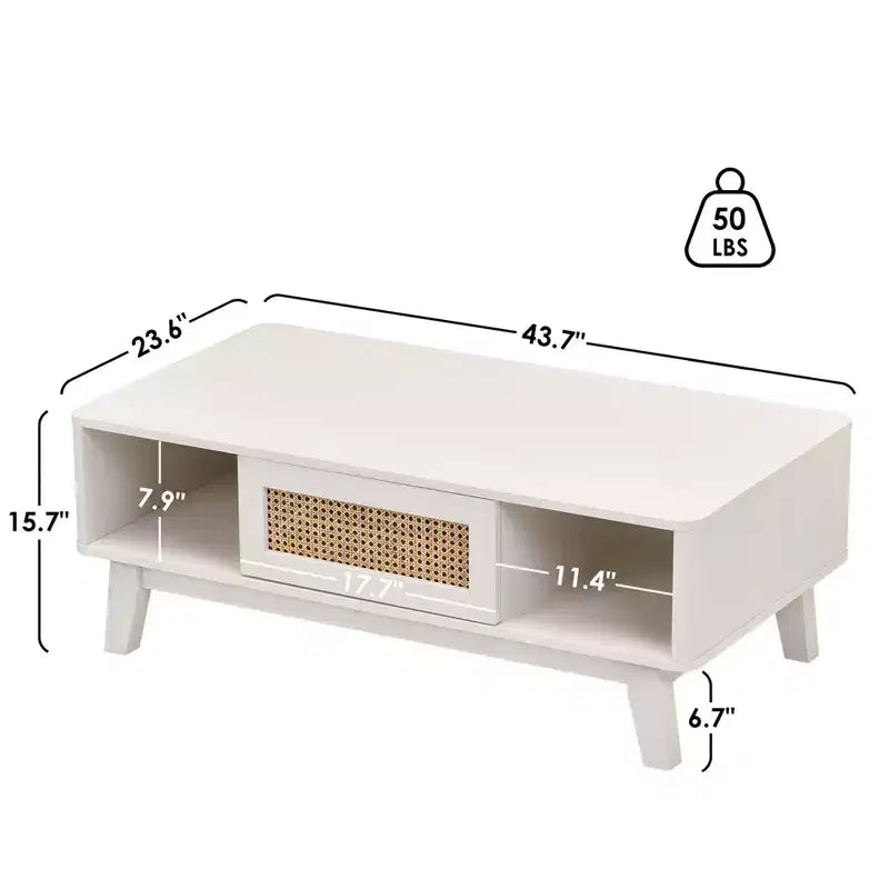 Table basse carrée moderne blanche en bois MAYEERTY de 44 pouces avec tiroir en rotin pour salon