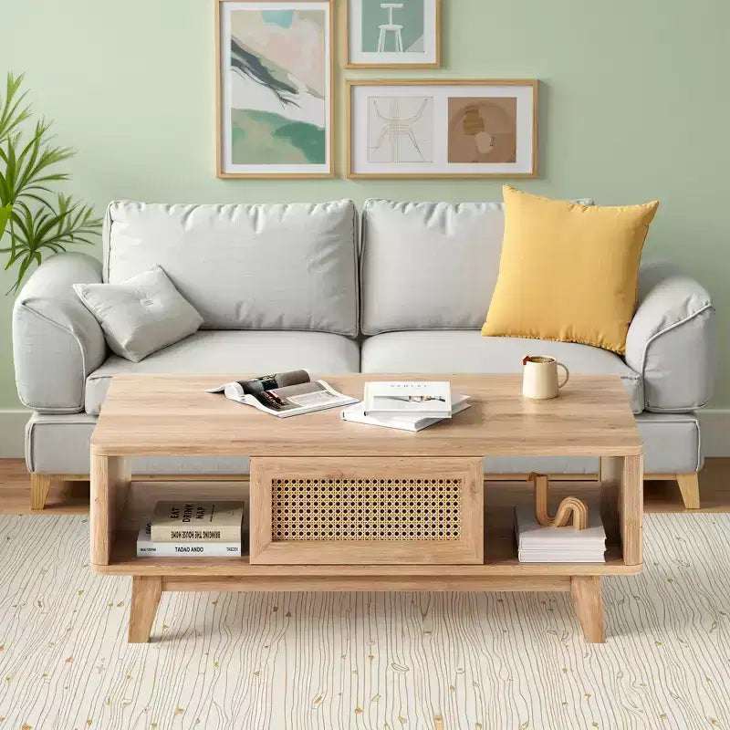 MAYEERTY 44in Natural Modern Square Wooden Coffee Table With Rattan Drawer for Living Room