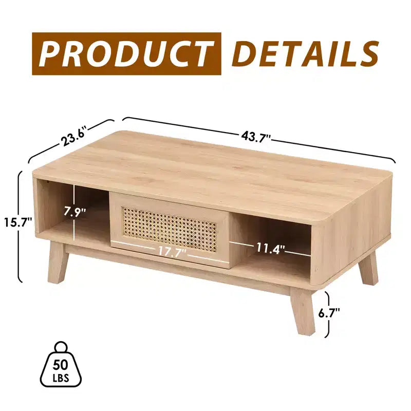 MAYEERTY Table Basse Carrée Moderne en Bois Naturel de 44 pouces avec Tiroir en Rotin pour Salon