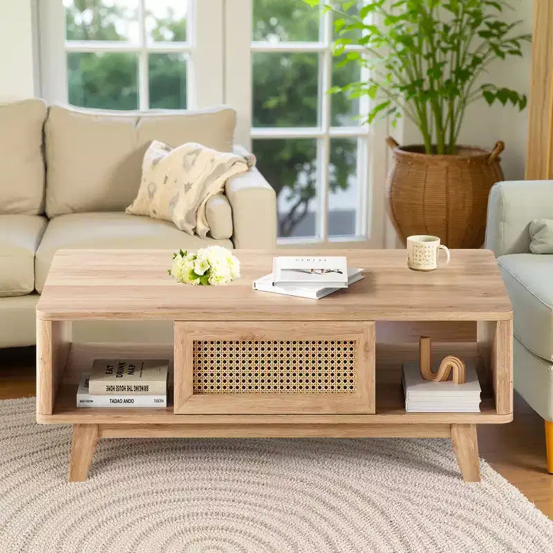 MAYEERTY Table Basse Carrée Moderne en Bois Naturel de 44 pouces avec Tiroir en Rotin pour Salon