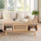 MAYEERTY Table Basse Carrée Moderne en Bois Naturel de 44 pouces avec Tiroir en Rotin pour Salon