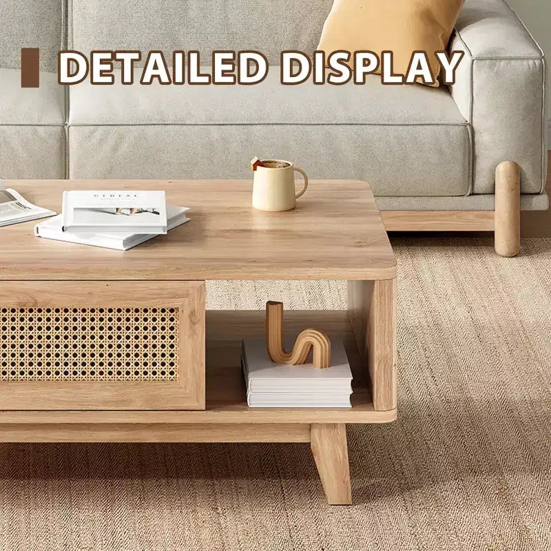MAYEERTY Table Basse Carrée Moderne en Bois Naturel de 44 pouces avec Tiroir en Rotin pour Salon
