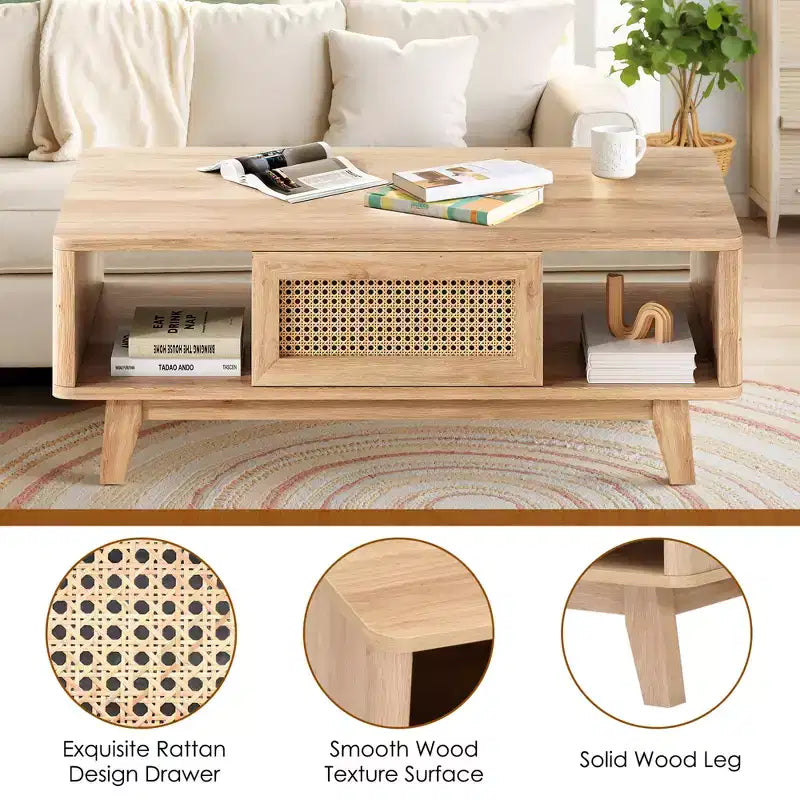 MAYEERTY Table Basse Carrée Moderne en Bois Naturel de 44 pouces avec Tiroir en Rotin pour Salon