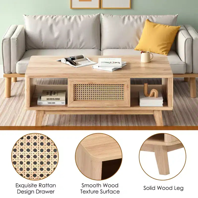 MAYEERTY Table Basse Carrée Moderne en Bois Naturel de 44 pouces avec Tiroir en Rotin pour Salon