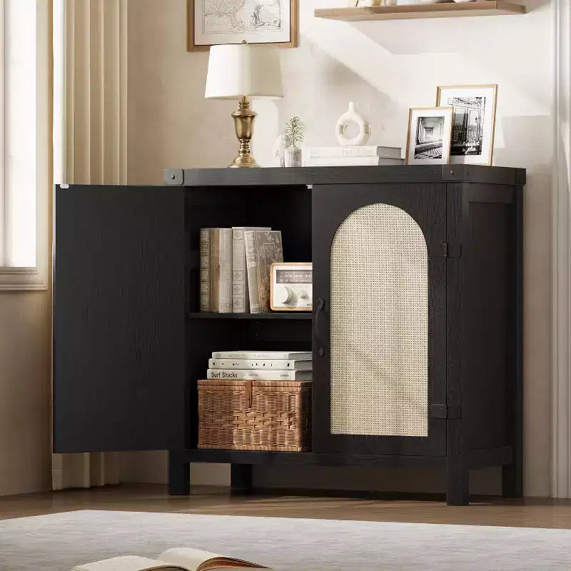 Buffet bas en rotin de 80 cm avec tiroir, étagères réglables, style bohème et ferme