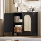 Buffet bas en rotin de 80 cm avec tiroir, étagères réglables, style bohème et ferme