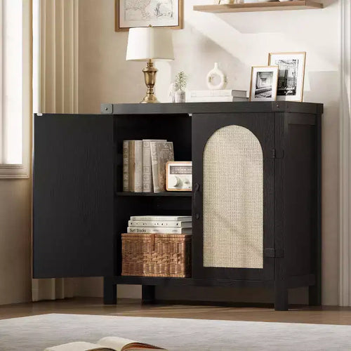 Buffet bas en rotin de 80 cm avec tiroir, étagères réglables, style bohème et ferme