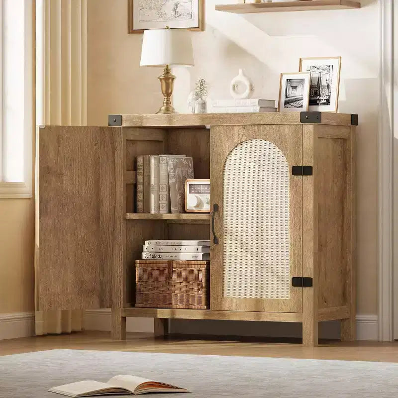 Buffet bas en rotin de 80 cm avec tiroir, étagères réglables, style bohème et ferme