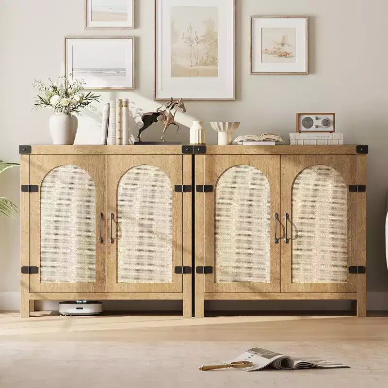 Buffet bas en rotin de 80 cm avec tiroir, étagères réglables, style bohème et ferme