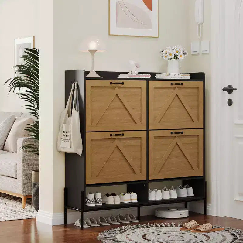 Meuble à chaussures avec 4 tiroirs basculants, Meuble à chaussures étroit, Organisateur de rangement de chaussures autoportant, Séparation sec et humide avec pieds en métal