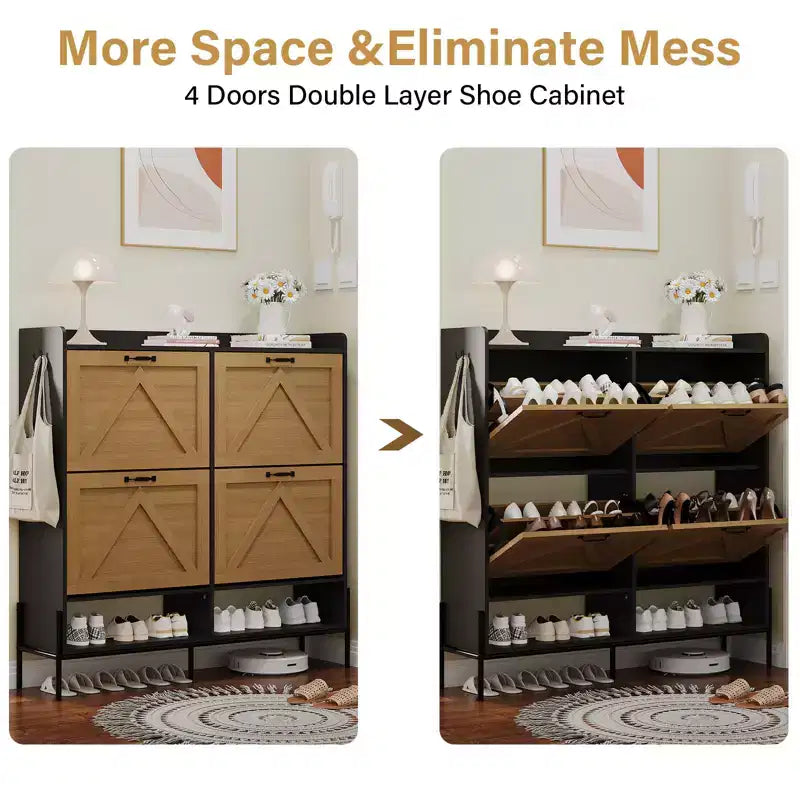 Meuble à chaussures avec 4 tiroirs basculants, Meuble à chaussures étroit, Organisateur de rangement de chaussures autoportant, Séparation sec et humide avec pieds en métal