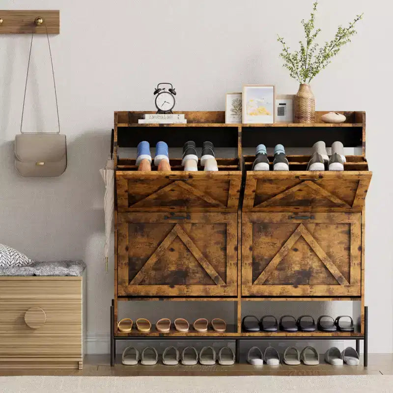 Meuble à chaussures avec 4 tiroirs basculants, Meuble à chaussures étroit, Organisateur de rangement de chaussures autoportant, Séparation sec et humide avec pieds en métal