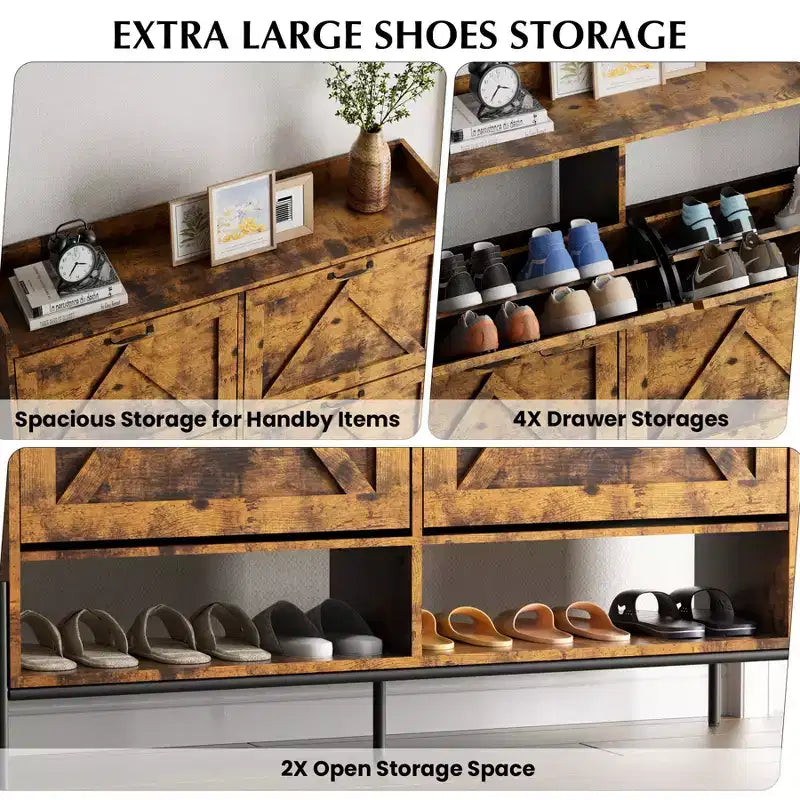 Meuble à chaussures avec 4 tiroirs basculants, Meuble à chaussures étroit, Organisateur de rangement de chaussures autoportant, Séparation sec et humide avec pieds en métal