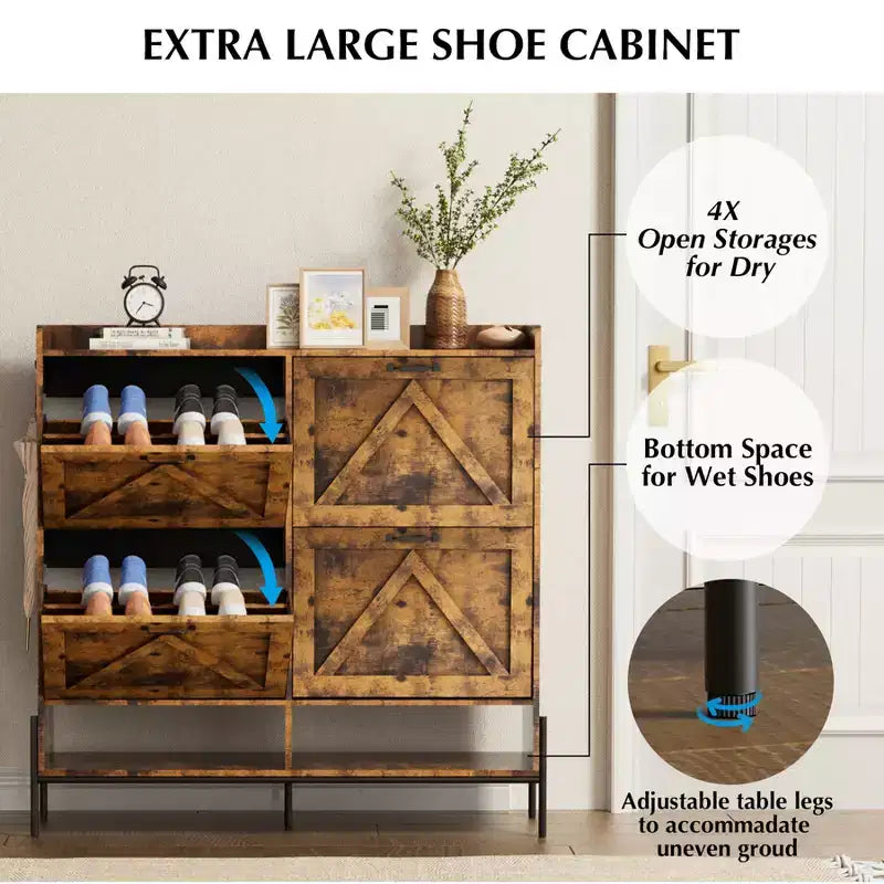 Meuble à chaussures avec 4 tiroirs basculants, Meuble à chaussures étroit, Organisateur de rangement de chaussures autoportant, Séparation sec et humide avec pieds en métal